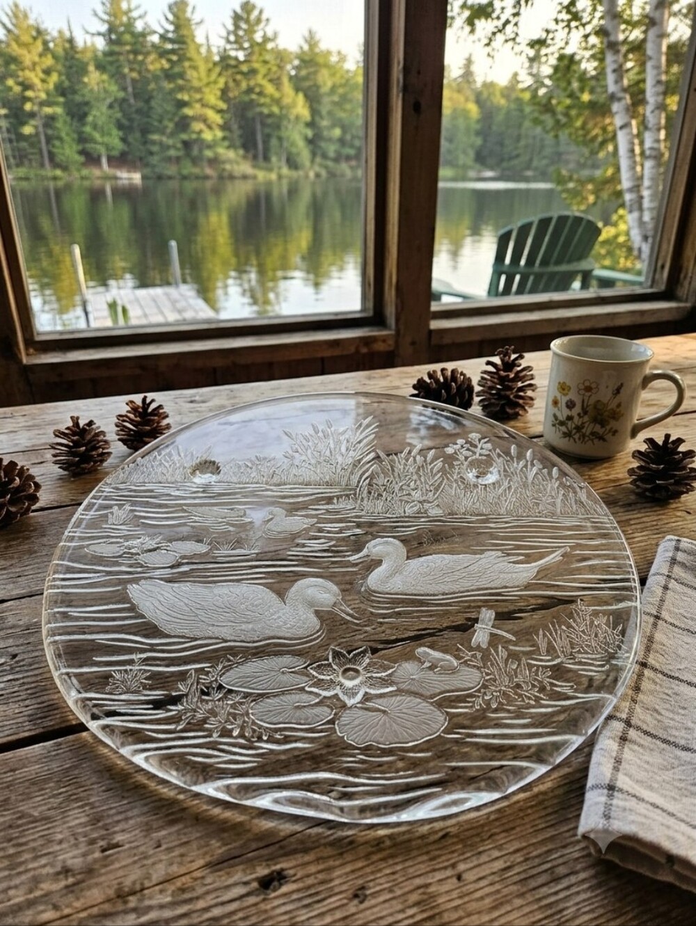 Vintage Etched Clear Glass Serving Tray / Platter - Ducks & Water Lilies